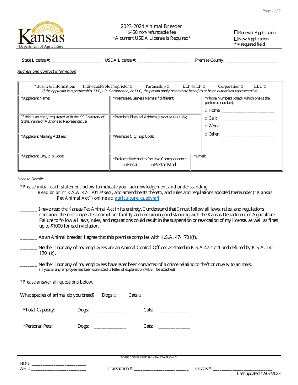 Animal Breeder License Application - Kansas, Page 1