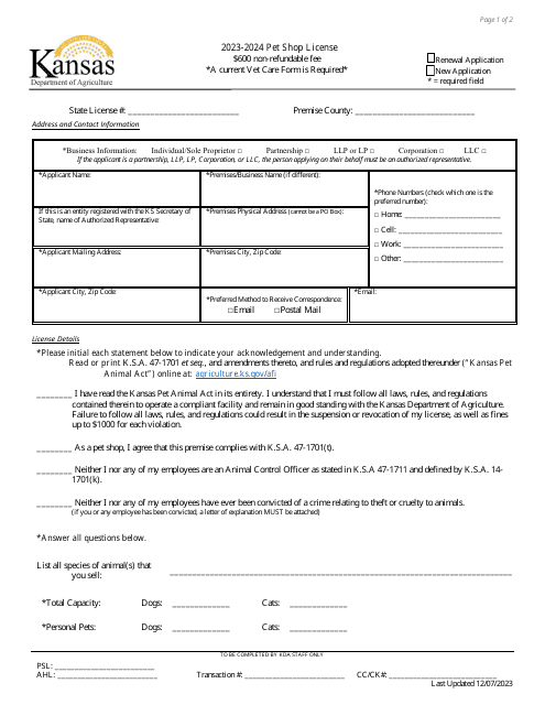 Pet Shop License Application - Kansas, 2024