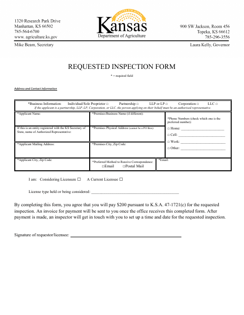 Requested Inspection Form - Kansas Download Pdf