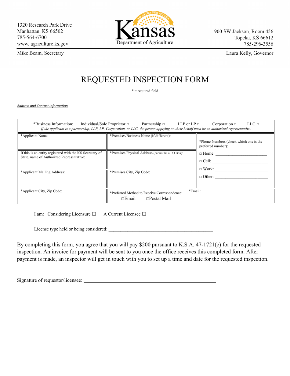Kansas Requested Inspection Form Fill Out, Sign Online and Download
