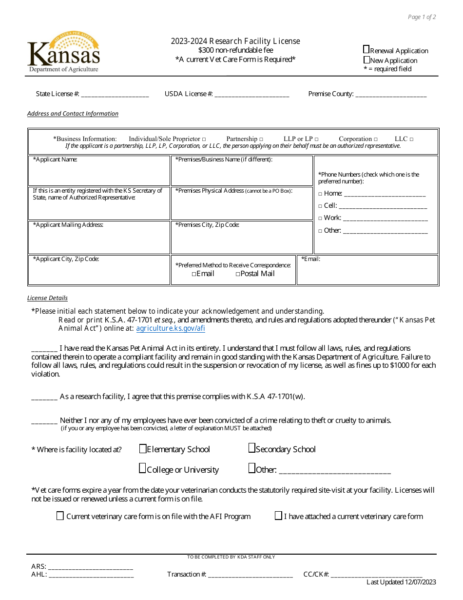 Research Facility License Application - Kansas, Page 1