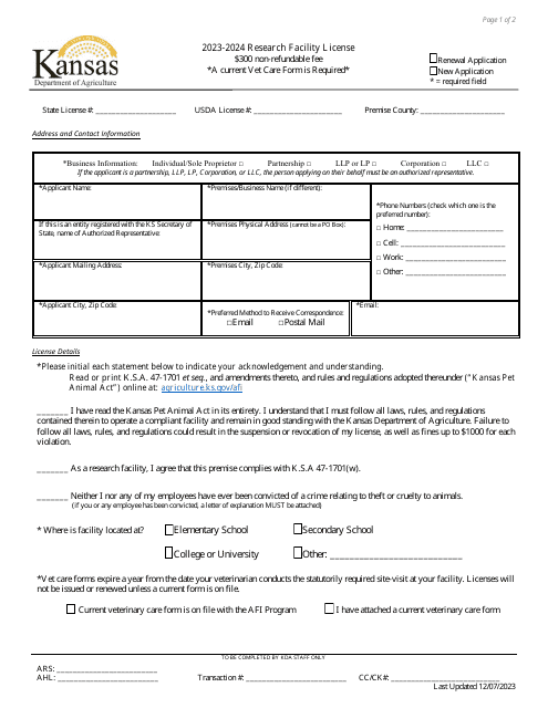 Research Facility License Application - Kansas, 2024