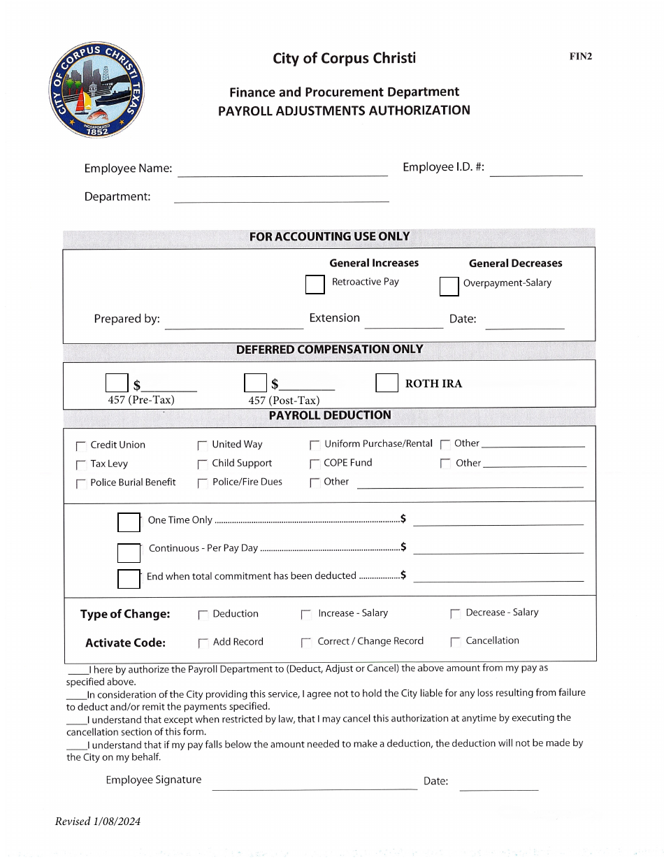 Form FIN2 Payroll Adjustment Authorization - City of Corpus Christi, Texas, Page 1