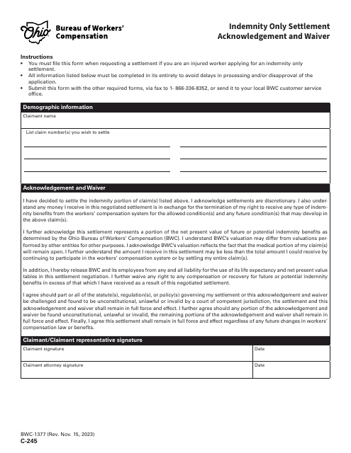 Form C-245 (BWC-1377) Indemnity Only Settlement Acknowledgement and Waiver - Ohio