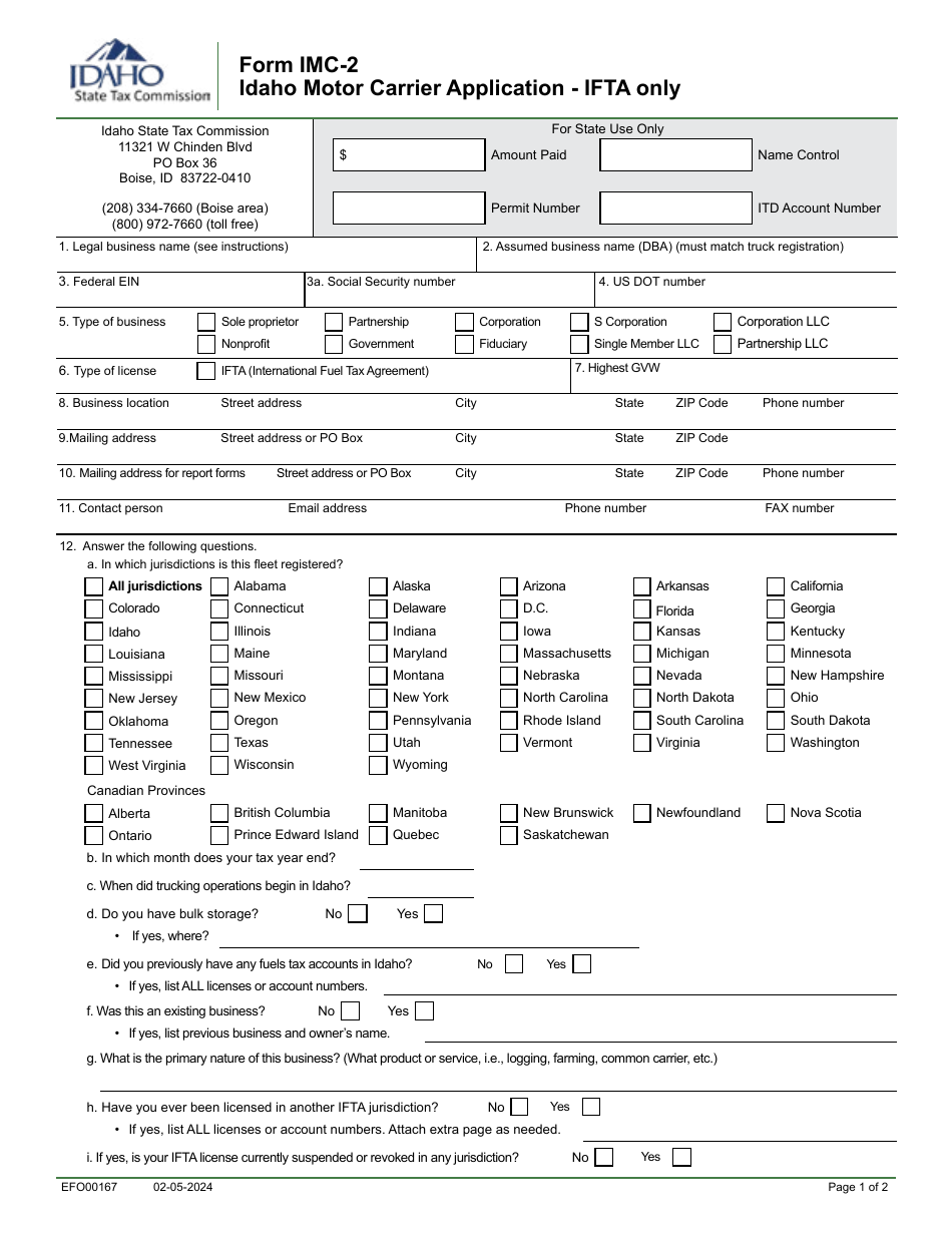 Form IMC-2 (EFO00167) Download Fillable PDF or Fill Online Idaho Motor ...