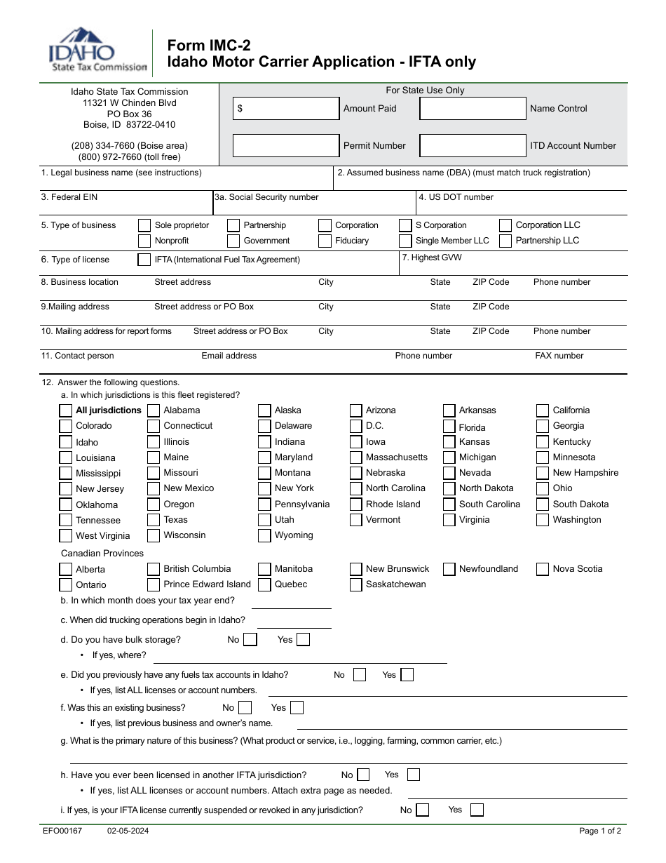 Form IMC-2 (EFO00167) Idaho Motor Carrier Application - Ifta Only - Idaho, Page 1