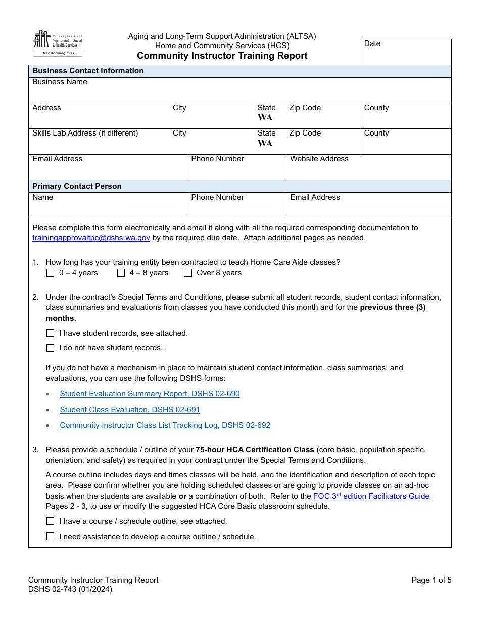 DSHS Form 02-743 Community Instructor Training Report - Washington, Page 1