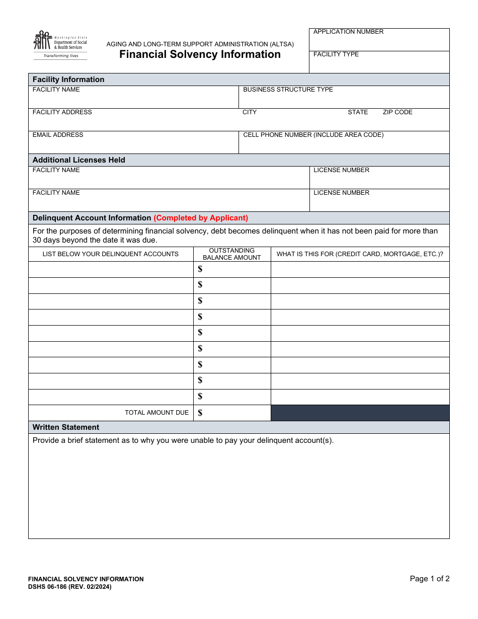 DSHS Form 06-186 Financial Solvency Information - Washington, Page 1