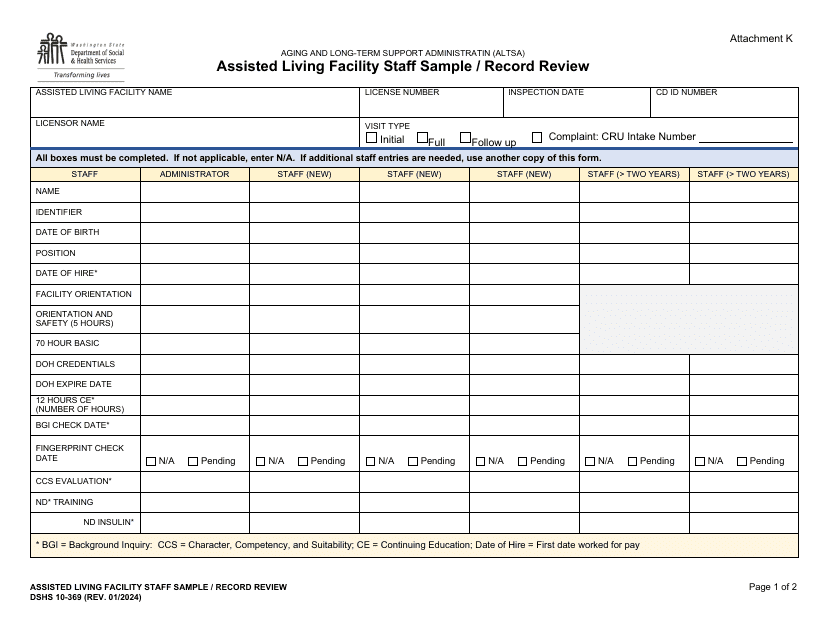 DSHS Form 10-369 Attachment K  Printable Pdf