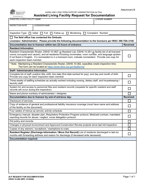 DSHS Form 10-360 Attachment B Assisted Living Facility Request for Documentation - Washington