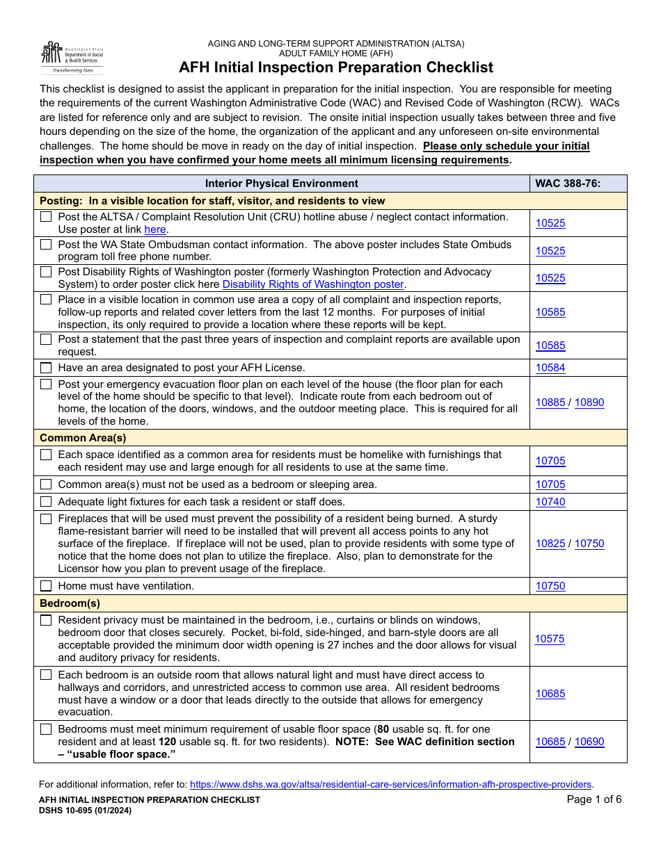 DSHS Form 10-695 Afh Initial Inspection Preparation Checklist - Washington, Page 1
