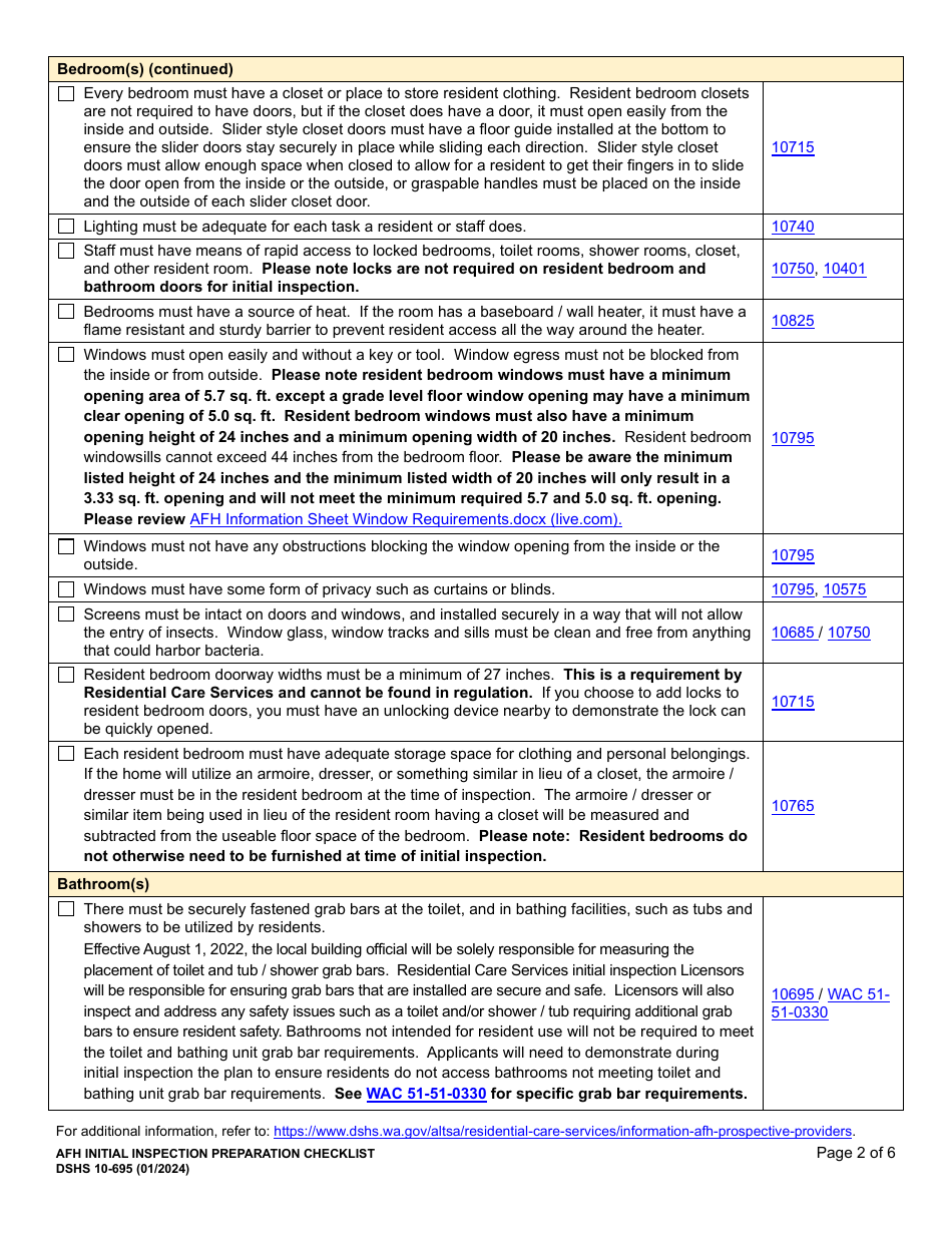 DSHS Form 10-695 Afh Initial Inspection Preparation Checklist - Washington, Page 2