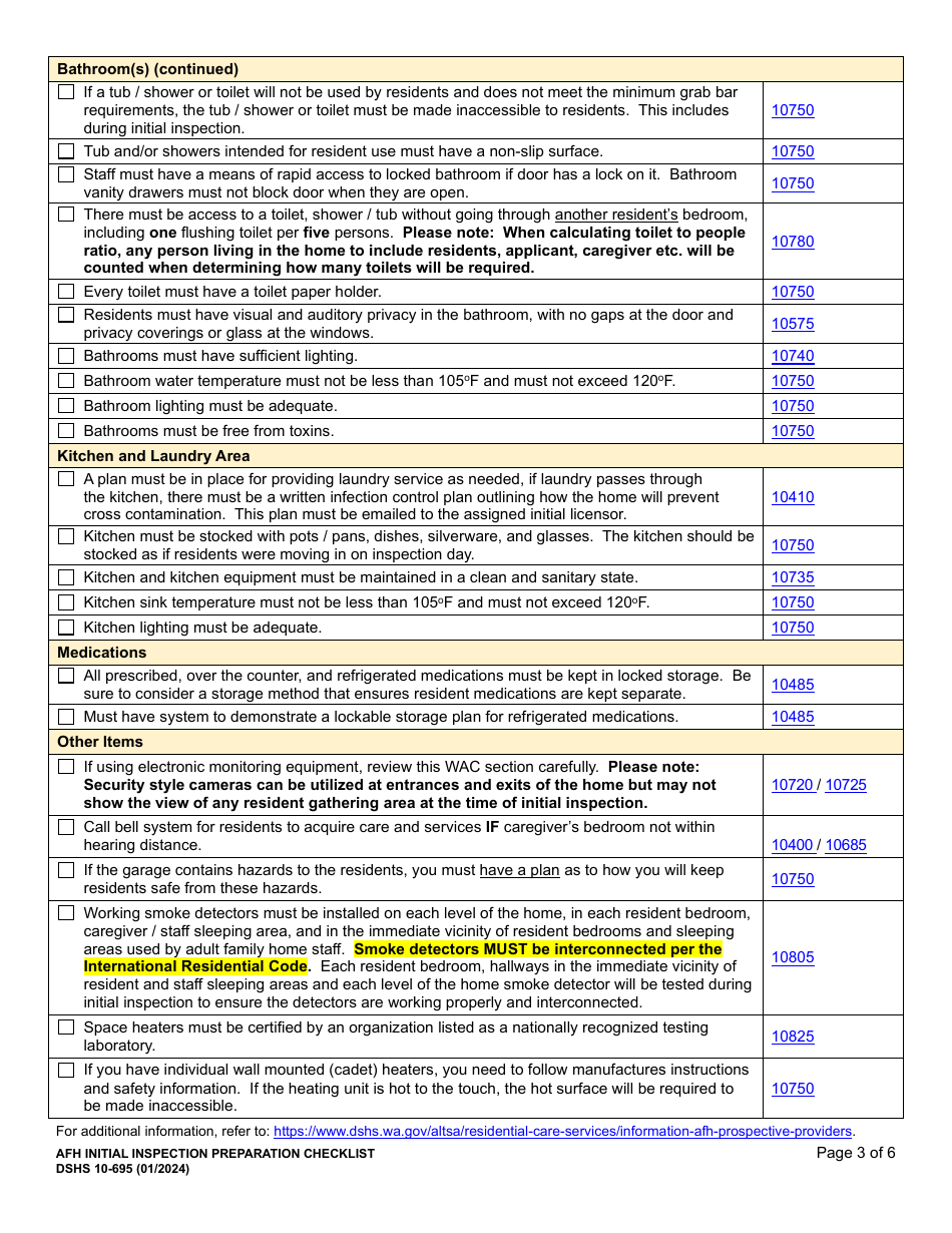 DSHS Form 10-695 Afh Initial Inspection Preparation Checklist - Washington, Page 3