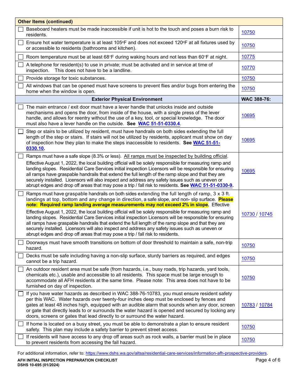DSHS Form 10-695 Afh Initial Inspection Preparation Checklist - Washington, Page 4