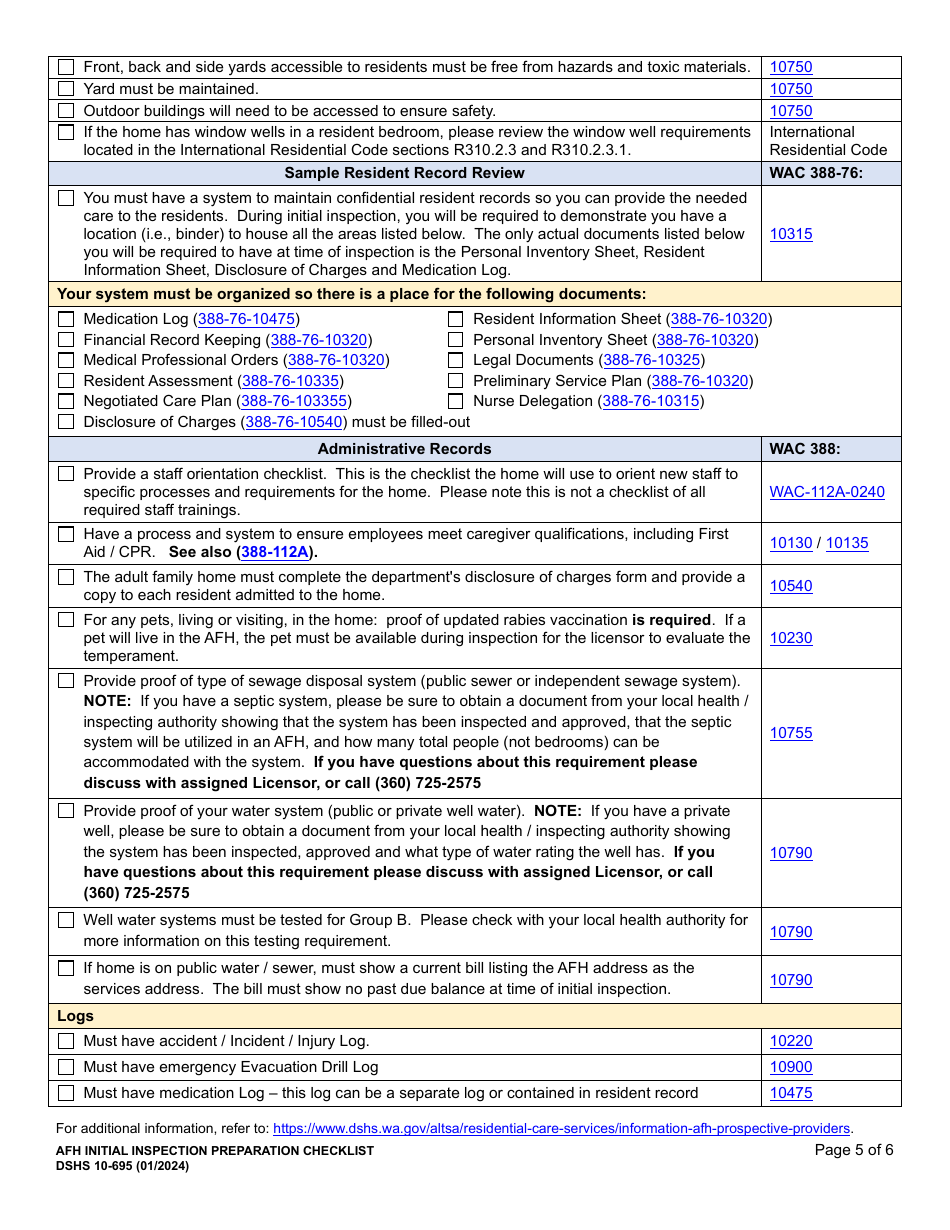 DSHS Form 10-695 Afh Initial Inspection Preparation Checklist - Washington, Page 5