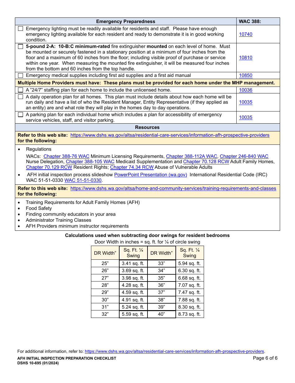 DSHS Form 10-695 Afh Initial Inspection Preparation Checklist - Washington, Page 6