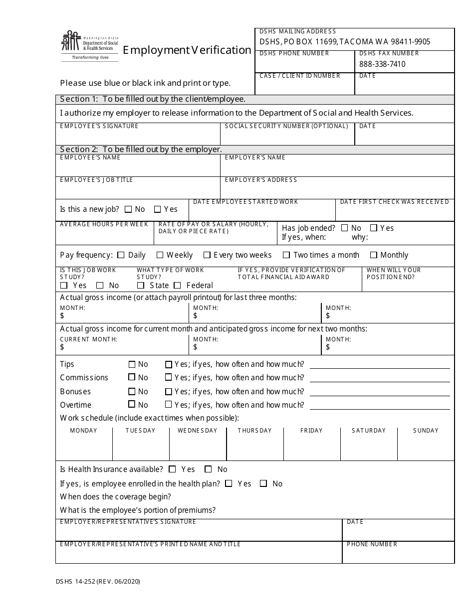 DSHS Form 14-252 Employment Verification - Washington, Page 1