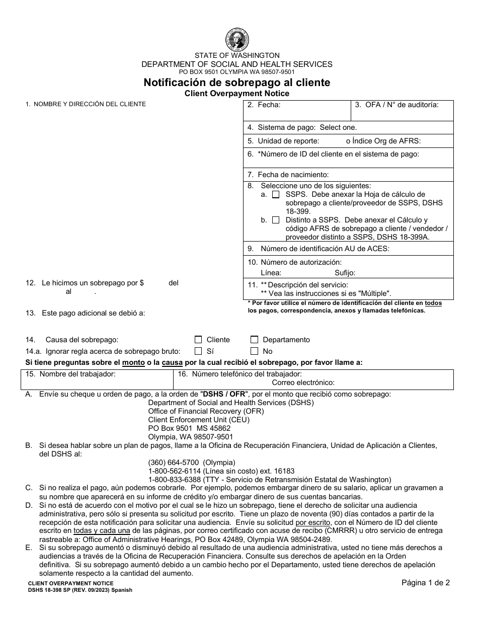 DSHS Formulario 18-398 Notificacion De Sobrepago Al Cliente - Washington (Spanish), Page 1