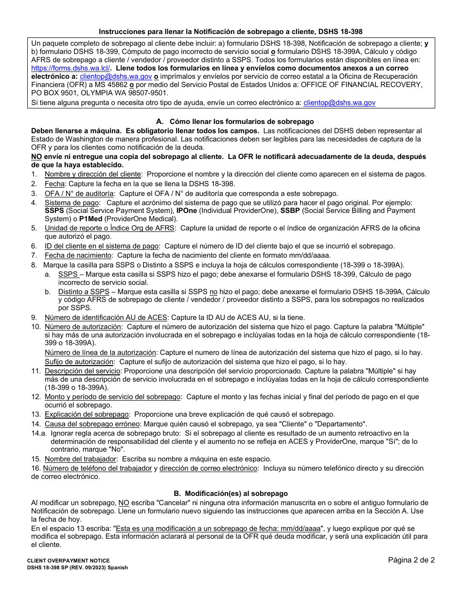 DSHS Formulario 18-398 Notificacion De Sobrepago Al Cliente - Washington (Spanish), Page 2