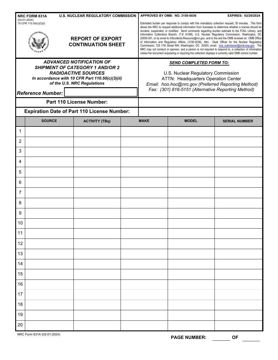 NRC Form 831A Report of Export - Continuation Sheet, Page 1