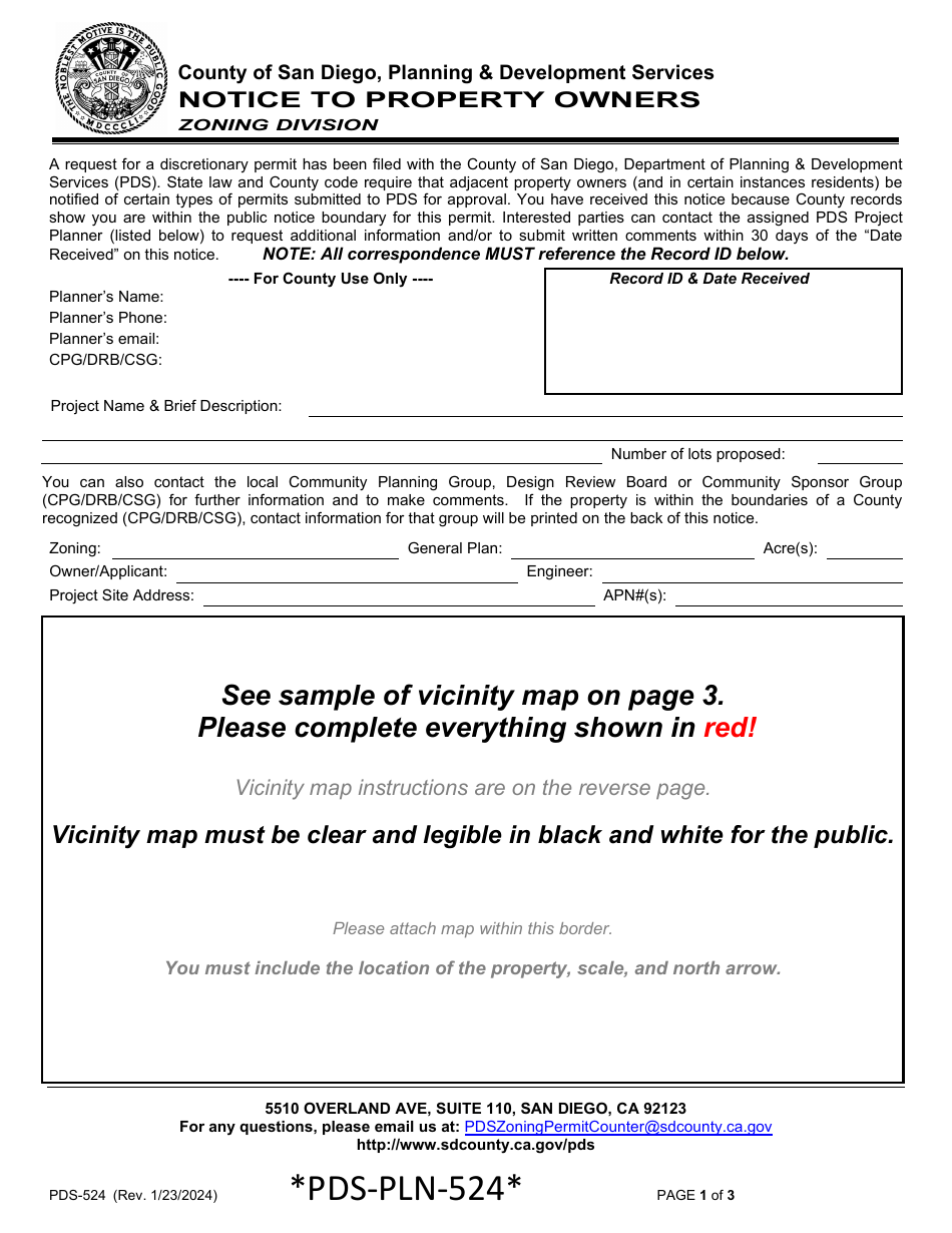 Form PDS-524 Notice to Property Owners - County of San Diego, California, Page 1