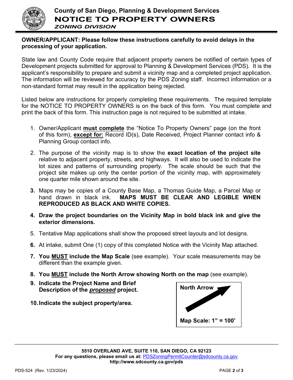 Form PDS-524 Notice to Property Owners - County of San Diego, California, Page 2