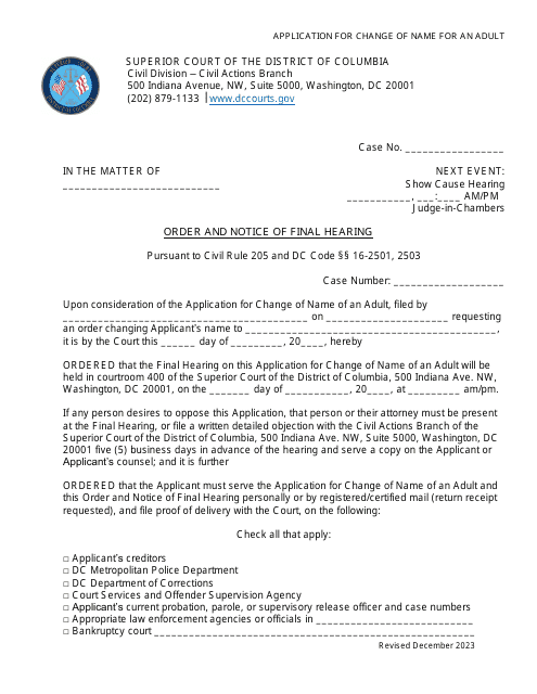 Application for Change of Name for an Adult - Order and Notice of Final Hearing - Washington, D.C. Download Pdf