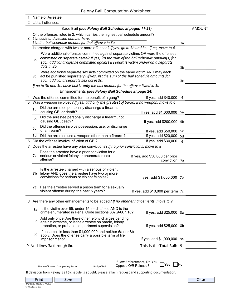 Form LASC CRIM208 Felony Bail Computation Worksheet - County of Los Angeles, California, Page 1