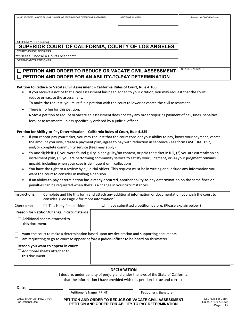 Form LASC TRAF051 Petition  Order to Reduce or Vacate Civil Assessments / Ability to Pay Determination - County of Los Angeles, California, Page 1