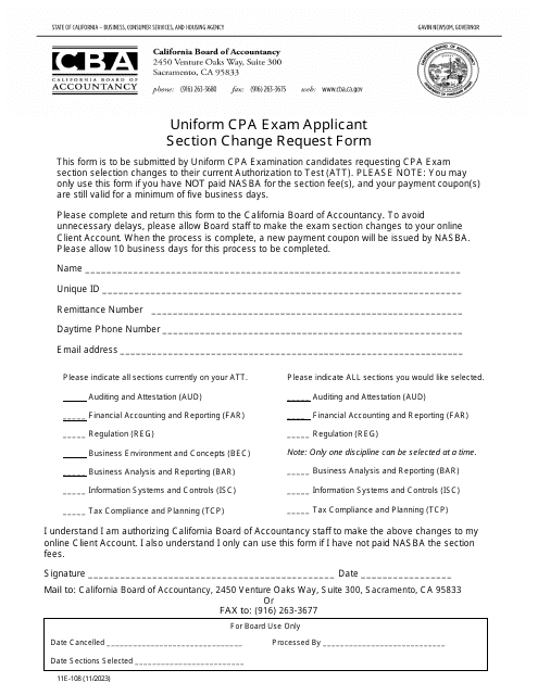 Form 11E-108 Uniform CPA Exam Applicant Section Change Request Form - California