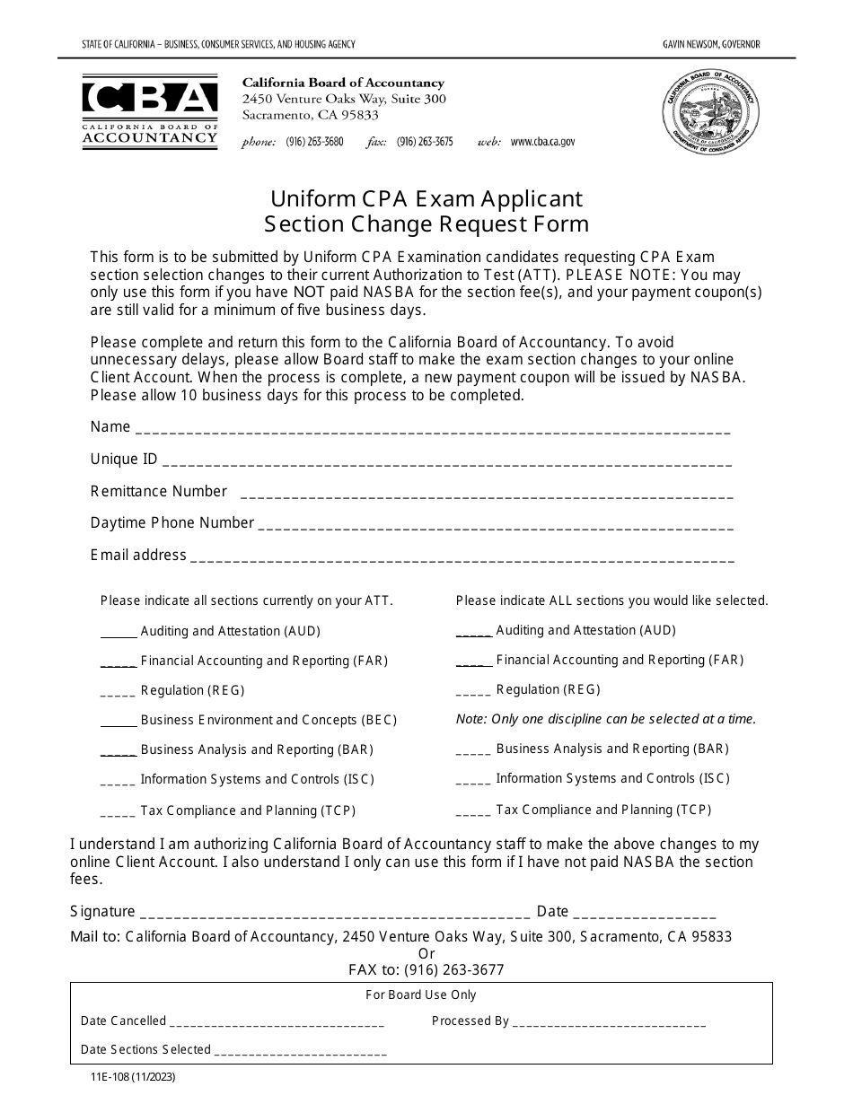 Form 11E-108 Uniform CPA Exam Applicant Section Change Request Form - California, Page 1