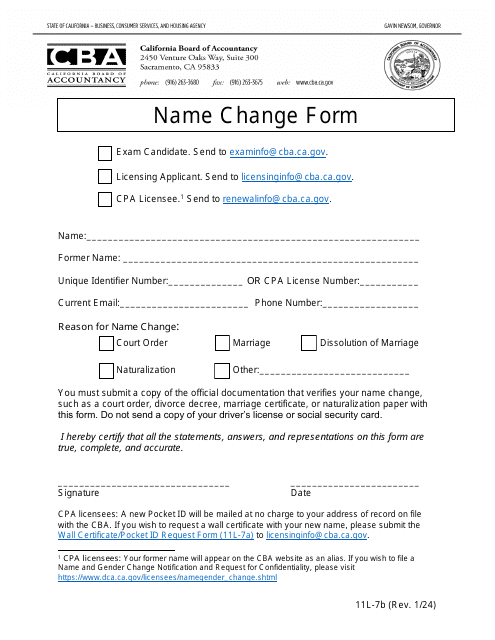 Form 11L-7B Name Change Form - California