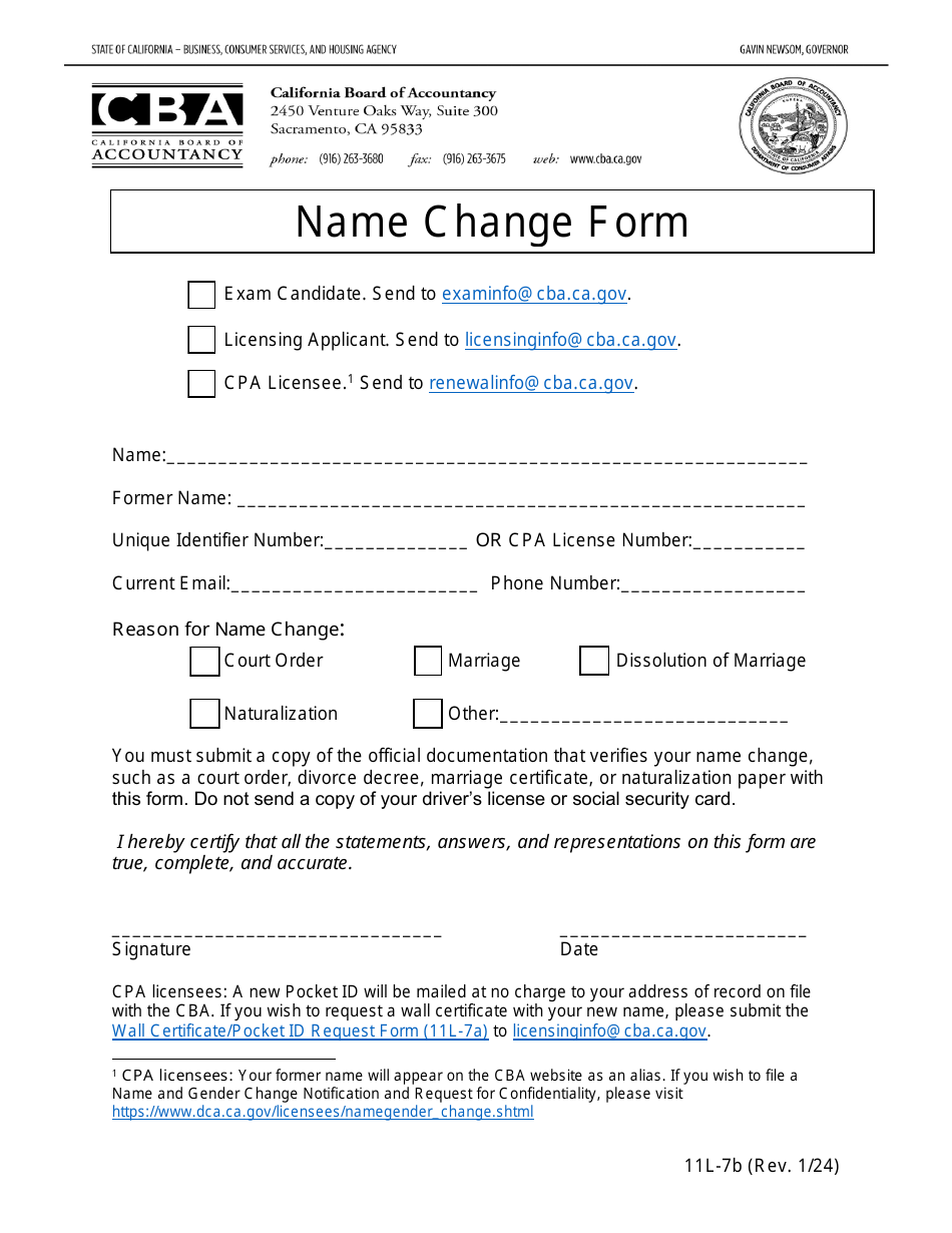 Form 11L-7B Name Change Form - California, Page 1