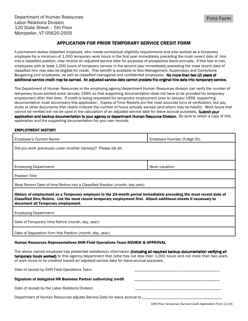 Application for Prior Temporary Service Credit Form - Vermont