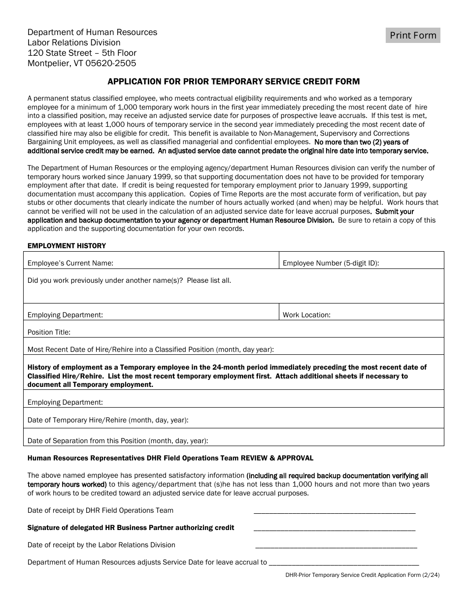 Vermont Application for Prior Temporary Service Credit Form - Fill Out ...