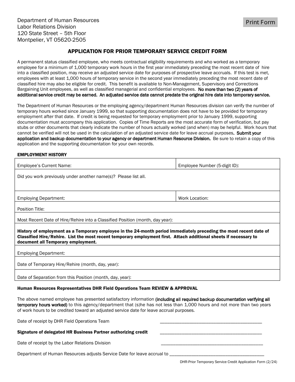 Application for Prior Temporary Service Credit Form - Vermont, Page 1