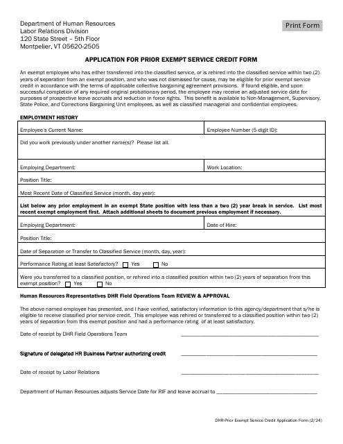Application for Prior Exempt Service Credit Form - Vermont Download Pdf