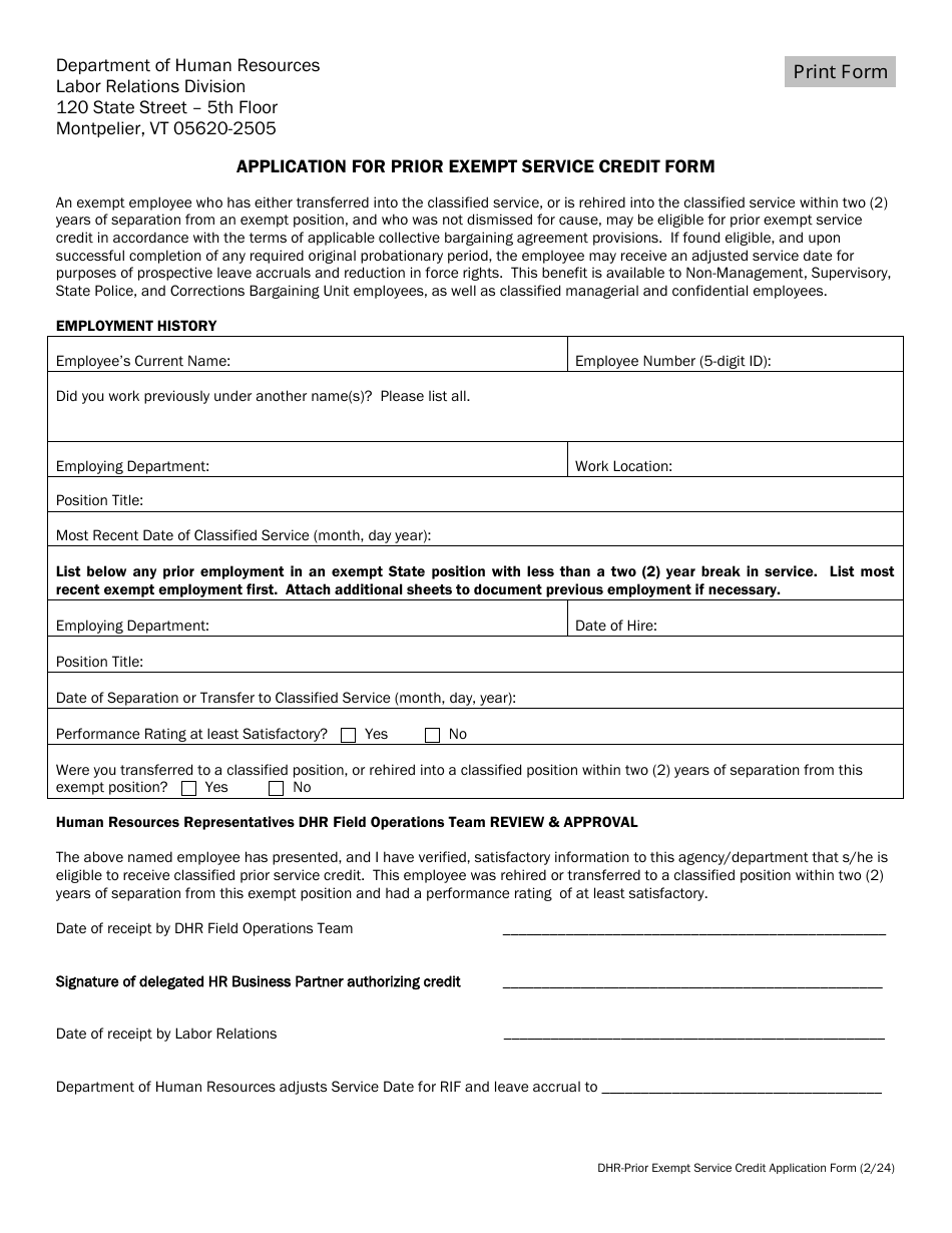Application for Prior Exempt Service Credit Form - Vermont, Page 1