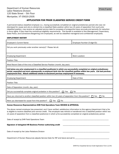 Application for Prior Classified Service Credit Form - Vermont Download Pdf