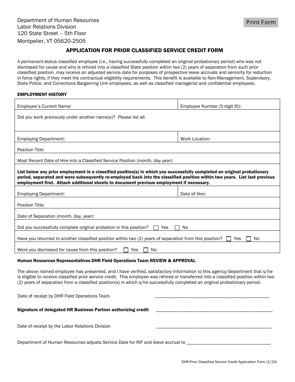 Application for Prior Classified Service Credit Form - Vermont, Page 1