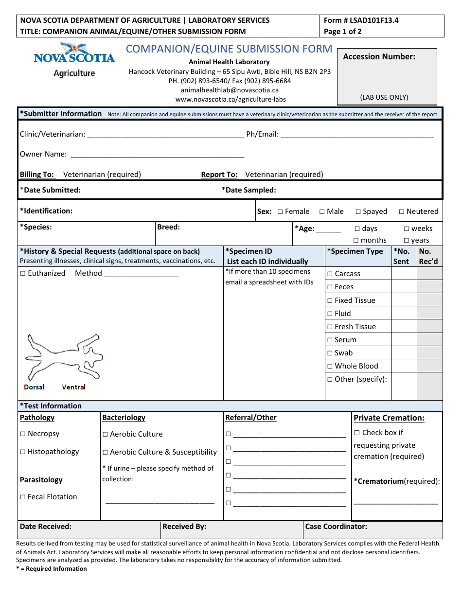 Form LSAD101F13.4 Companion / Equine Submission Form - Nova Scotia, Canada, Page 1