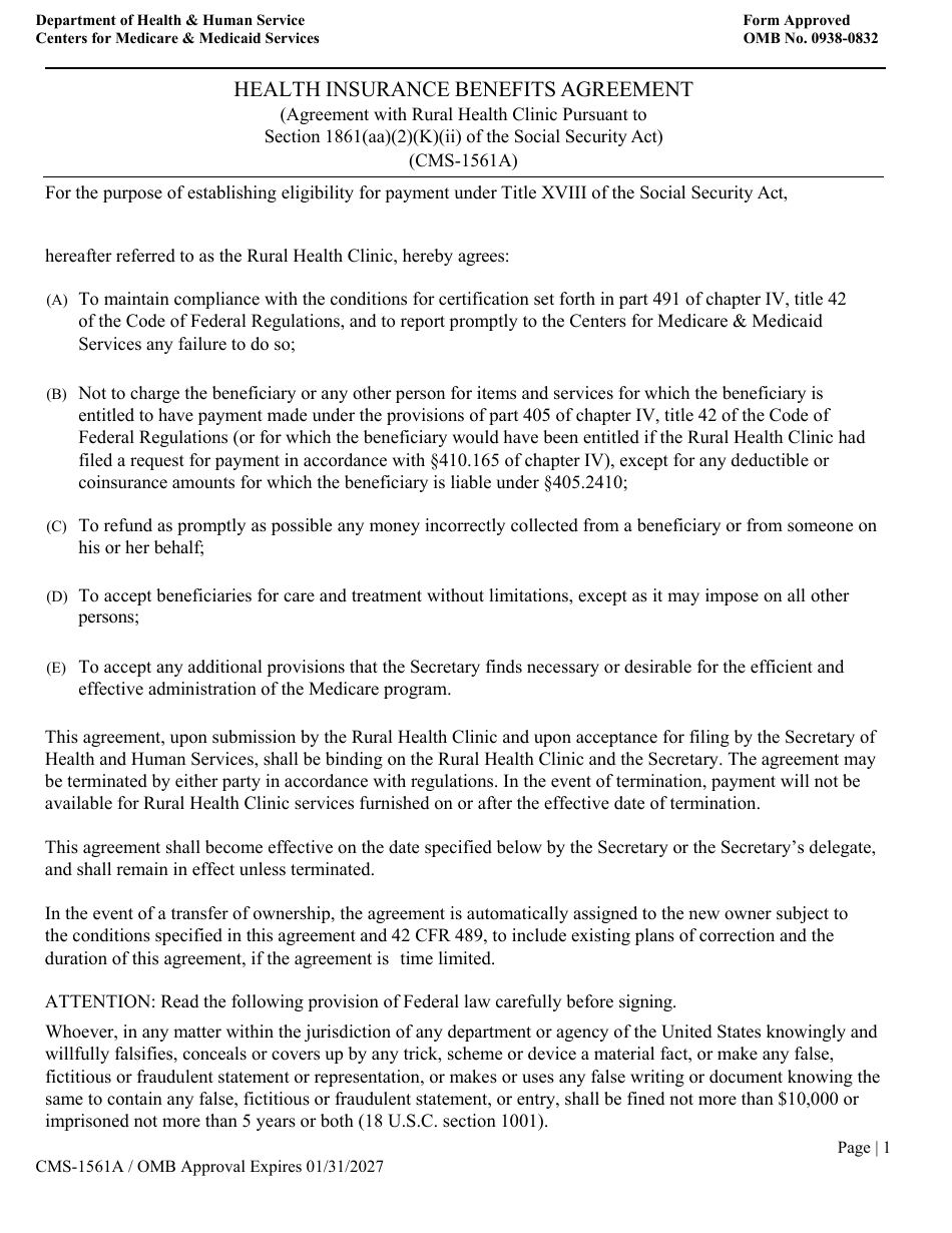 Form CMS-1561A Health Insurance Benefit Agreement - Rural Health Clinic, Page 1