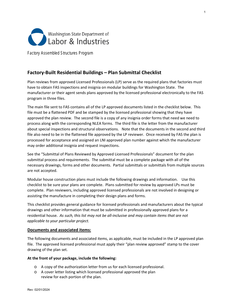 Factory-Built Residential Buildings - Plan Submittal Checklist - Factory Assembled Structures Program - Washington, Page 1