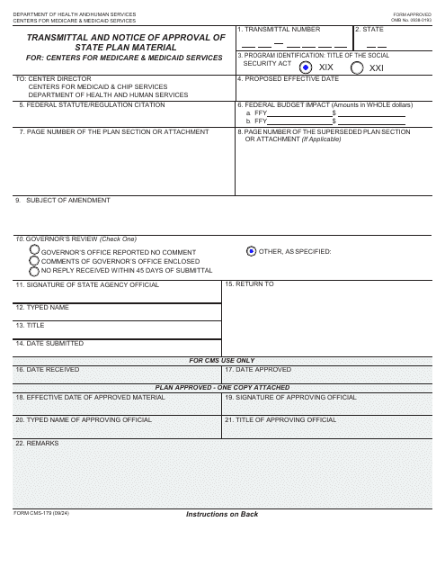 Form CMS-179 Transmittal and Notice of Approval of State Plan Material for: Centers for Medicare & Medicaid Services