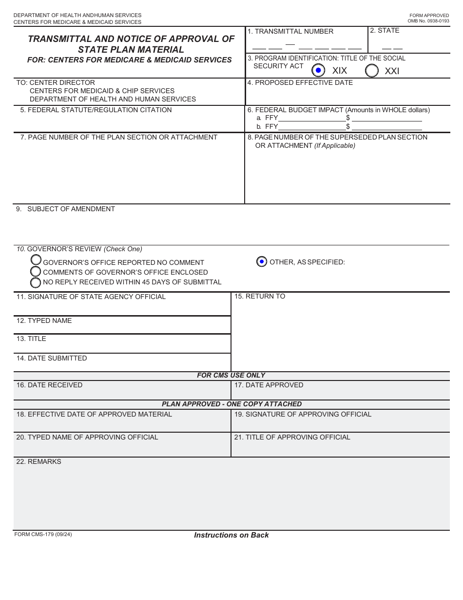 Form CMS-179 Transmittal and Notice of Approval of State Plan Material for: Centers for Medicare  Medicaid Services, Page 1