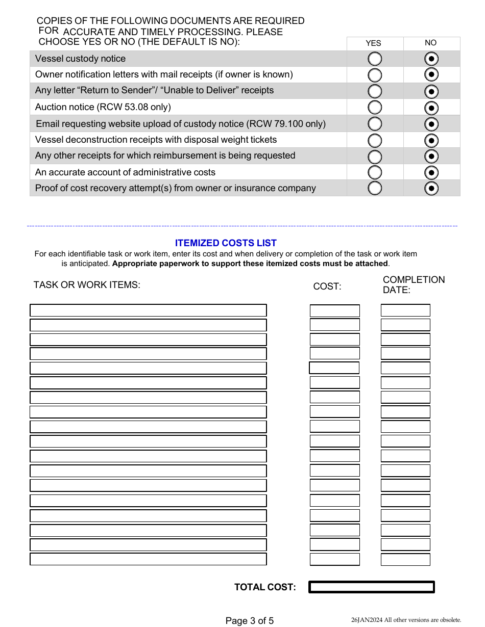 Derelict Vessel Removal Project Application for Reimbursement - Washington, Page 3