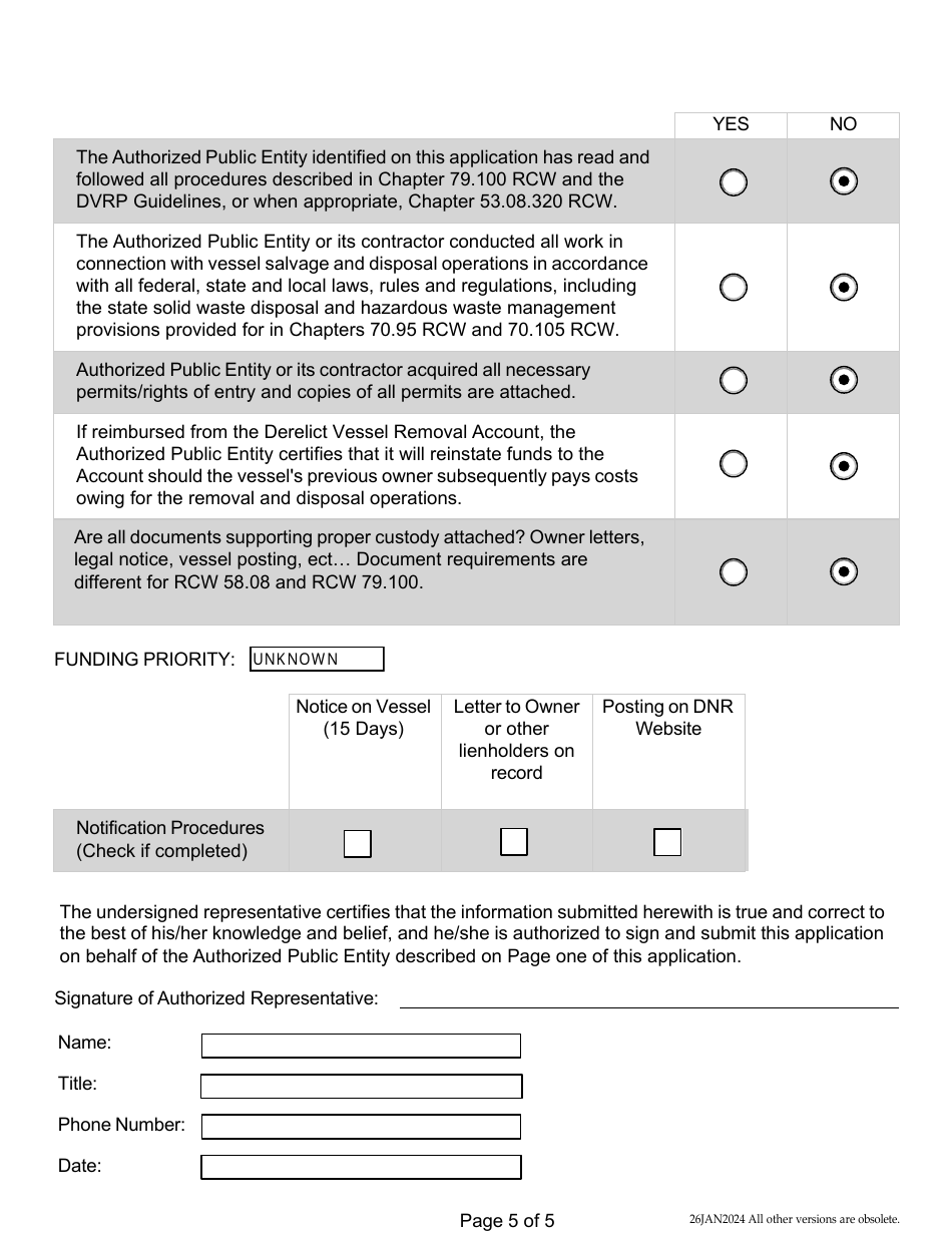 Derelict Vessel Removal Project Application for Reimbursement - Washington, Page 5