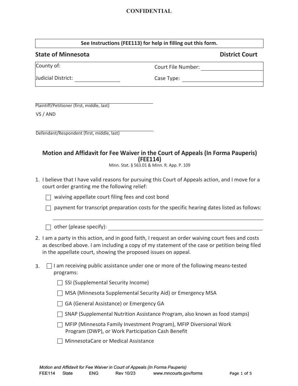 Form FEE114 Motion and Affidavit for Fee Waiver in the Court of Appeals (In Forma Pauperis) - Minnesota, Page 1