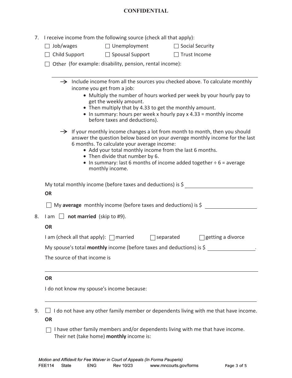 Form FEE114 Motion and Affidavit for Fee Waiver in the Court of Appeals (In Forma Pauperis) - Minnesota, Page 3