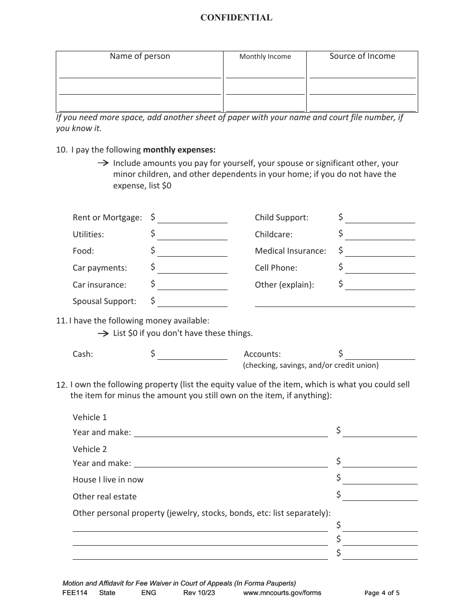 Form FEE114 Motion and Affidavit for Fee Waiver in the Court of Appeals (In Forma Pauperis) - Minnesota, Page 4